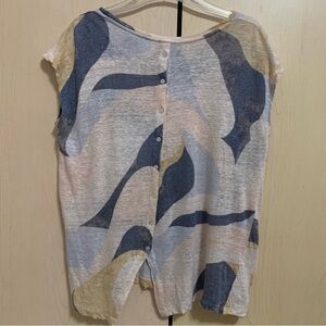 Rachel Zoe Women's Cap Sleeve Button Back 100% Linen Top Multicolor Print Size M